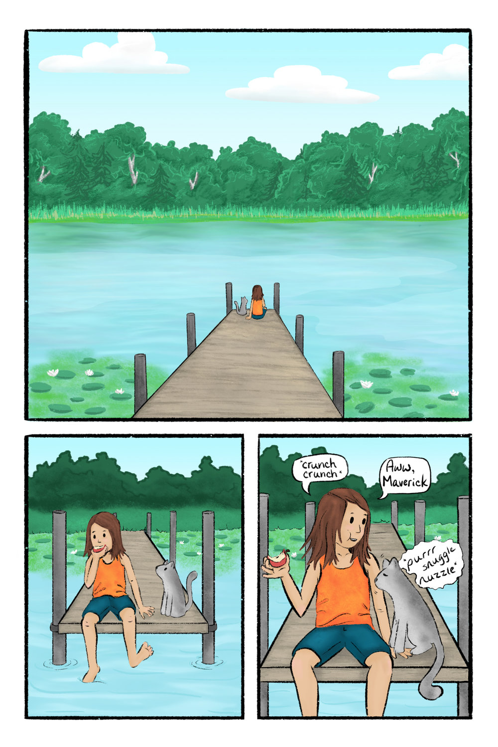 Lucy and her cat Maverick sit at the end of a pier overlooking a lake